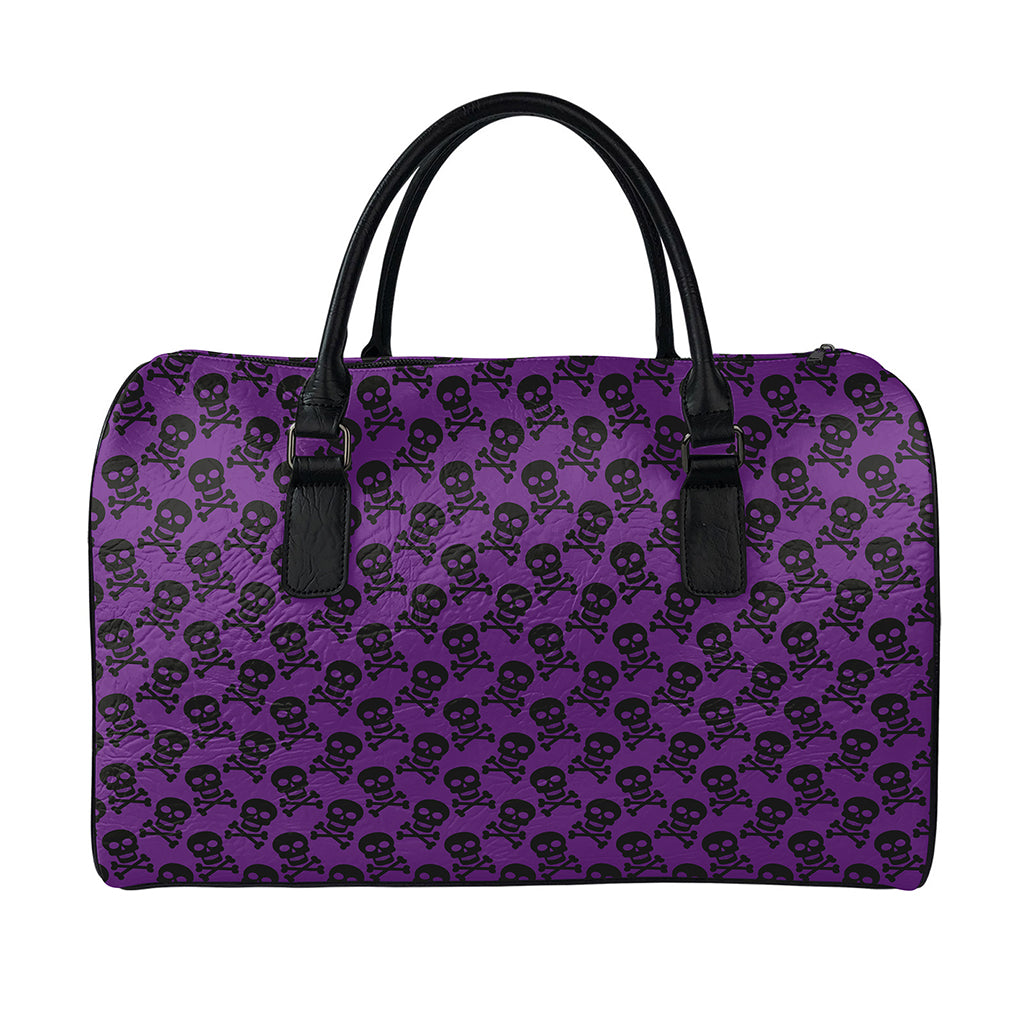 Purple And Black Halloween Skull Print Leather Duffle Bag