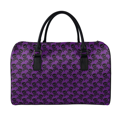 Purple And Black Halloween Skull Print Leather Duffle Bag