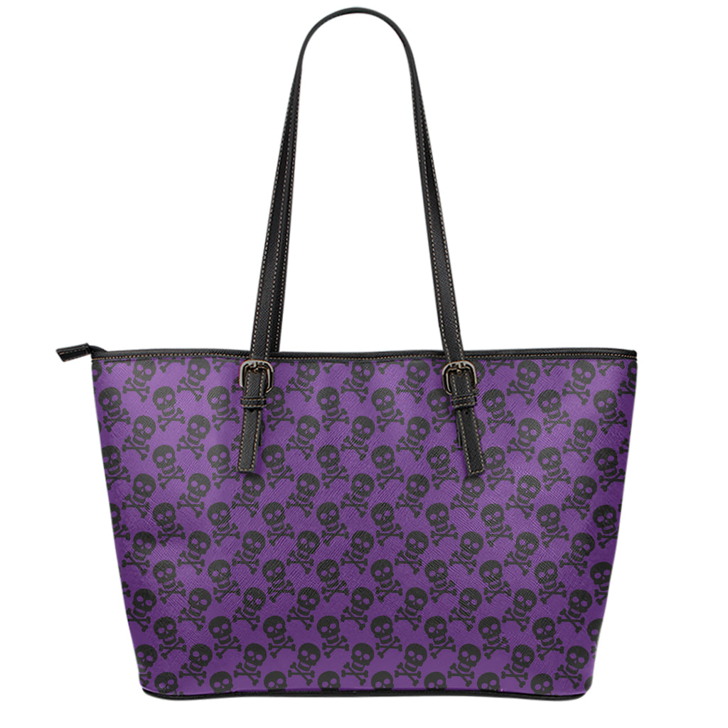 Purple And Black Halloween Skull Print Leather Tote Bag