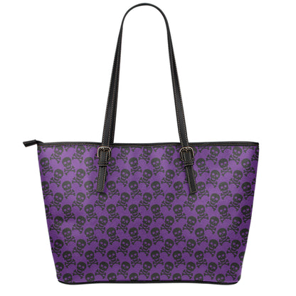 Purple And Black Halloween Skull Print Leather Tote Bag
