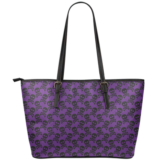 Purple And Black Halloween Skull Print Leather Tote Bag