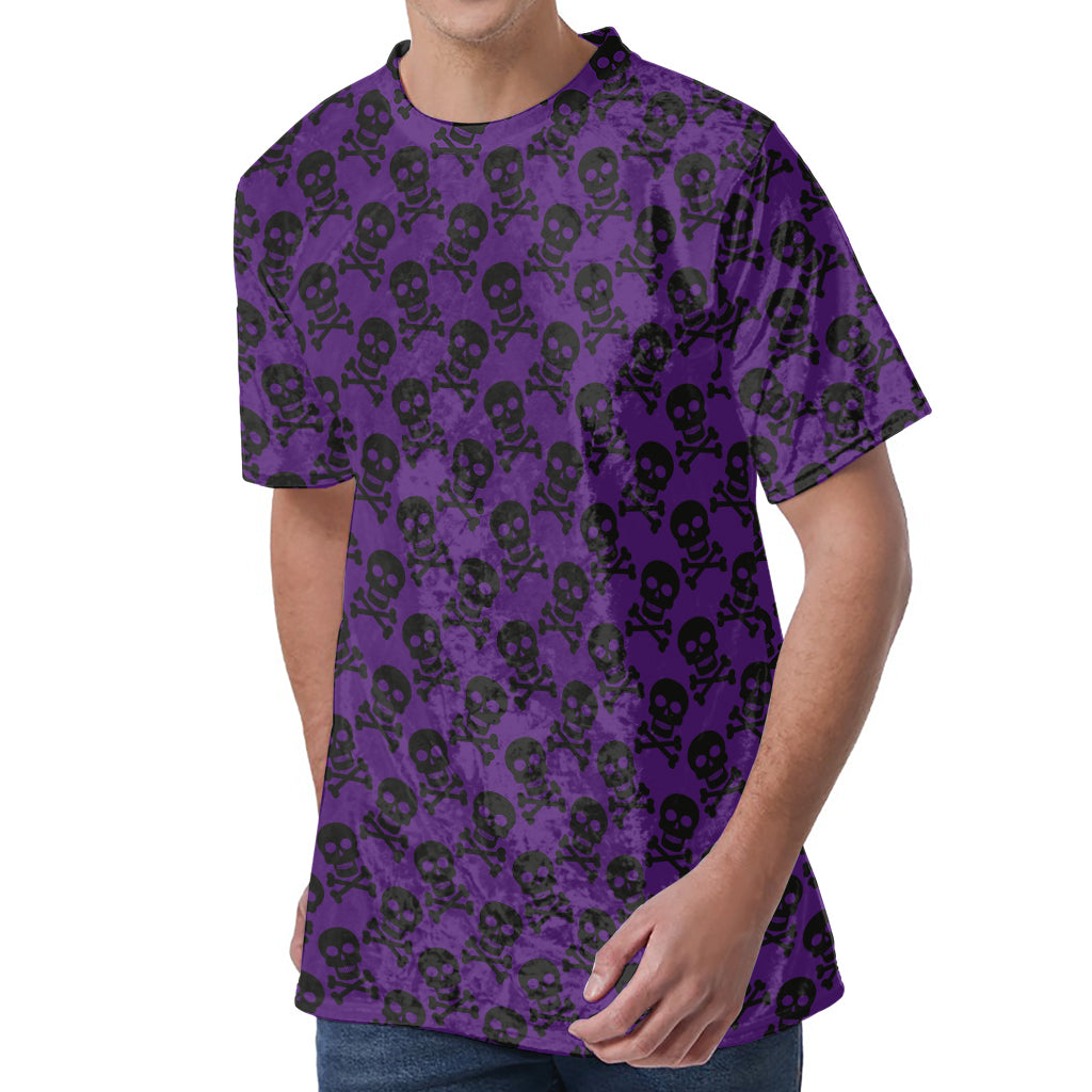 Purple And Black Halloween Skull Print Men's Velvet T-Shirt