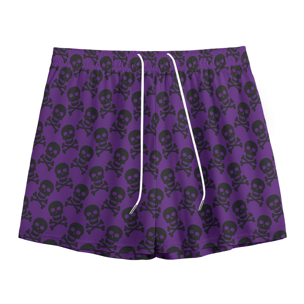 Purple And Black Halloween Skull Print Mesh Shorts