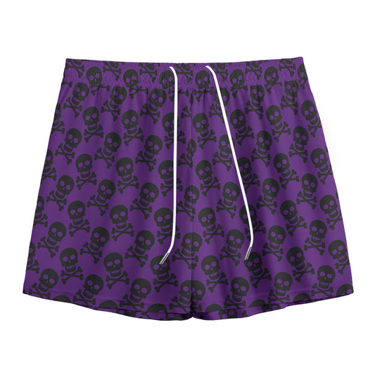 Purple And Black Halloween Skull Print Mesh Shorts