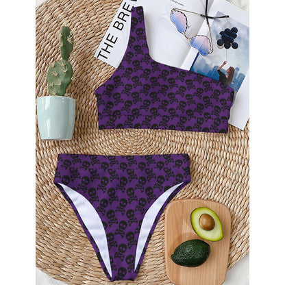 Purple And Black Halloween Skull Print One Shoulder Bikini Top