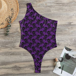 Purple And Black Halloween Skull Print One Shoulder Bodysuit
