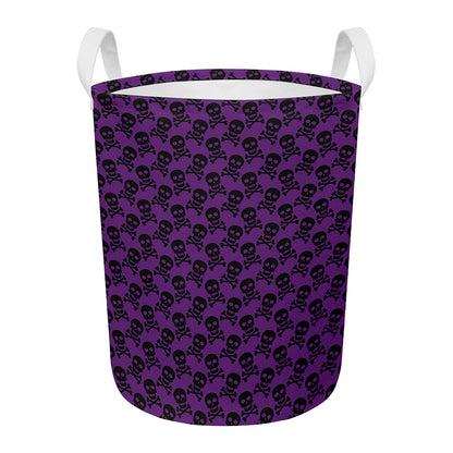 Purple And Black Halloween Skull Print Round Laundry Basket