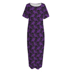 Purple And Black Halloween Skull Print Short Sleeve Long Nightdress