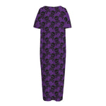 Purple And Black Halloween Skull Print Short Sleeve Long Nightdress