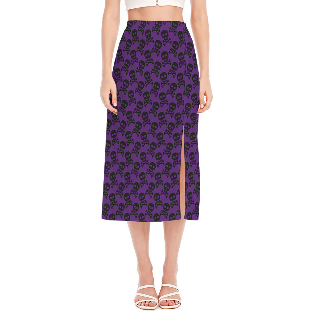 Purple And Black Halloween Skull Print Side Slit Midi Skirt