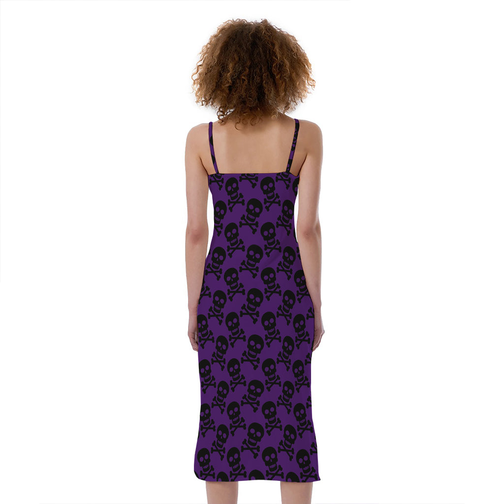 Purple And Black Halloween Skull Print Slim Fit Midi Cami Dress