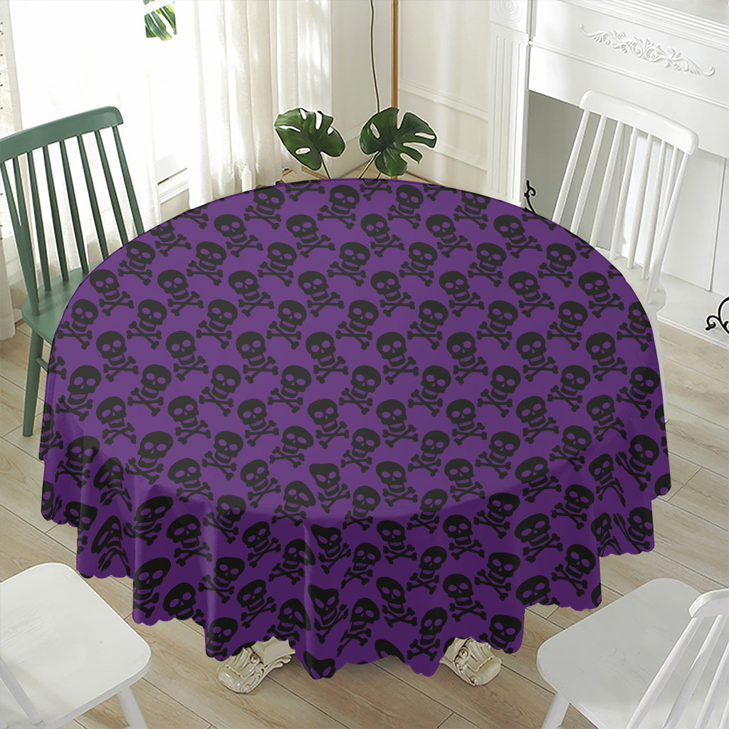 Purple And Black Halloween Skull Print Waterproof Round Tablecloth