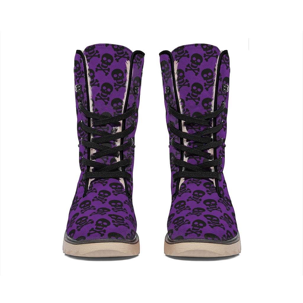 Purple And Black Halloween Skull Print Winter Boots