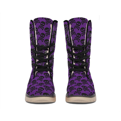 Purple And Black Halloween Skull Print Winter Boots