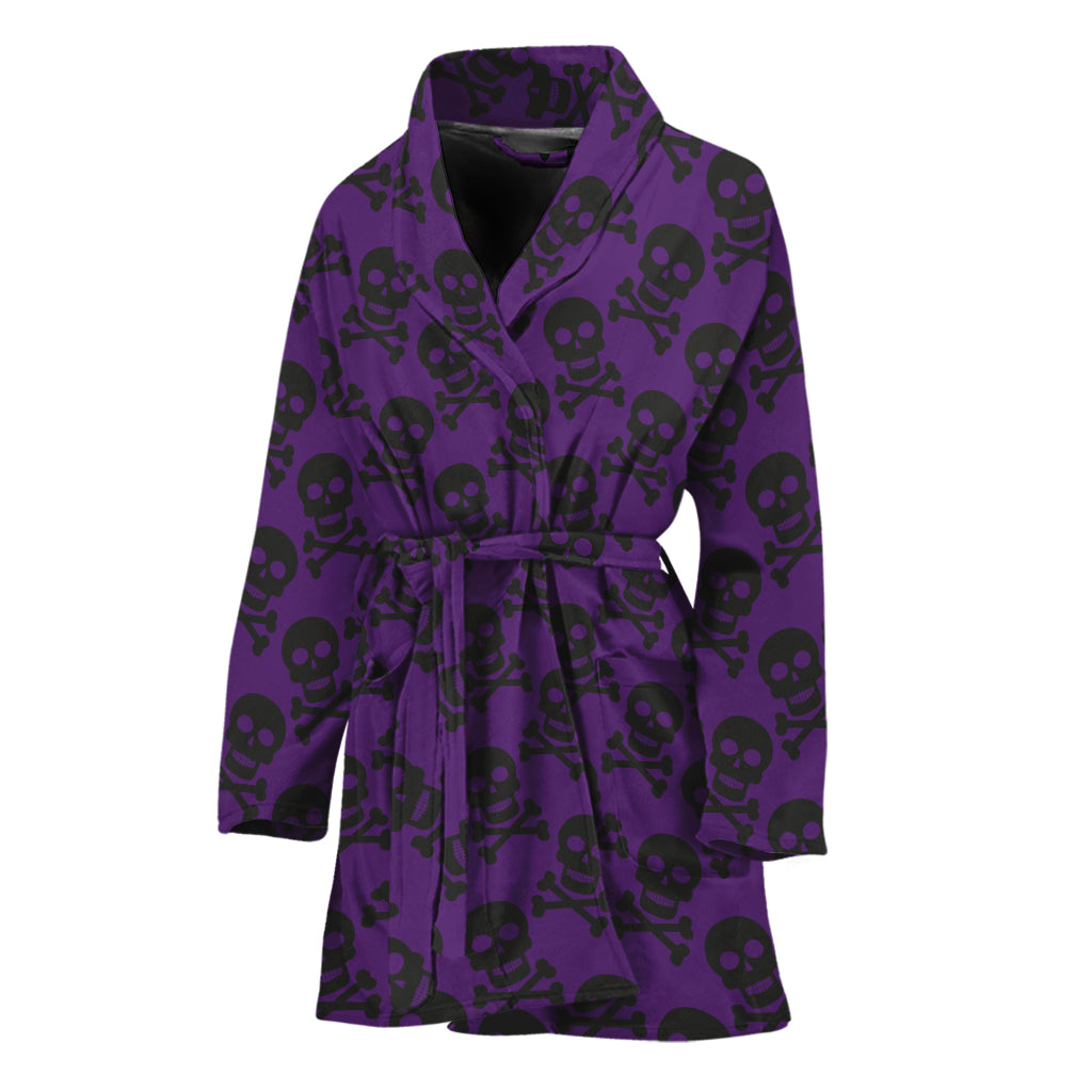 Purple And Black Halloween Skull Print Women's Bathrobe
