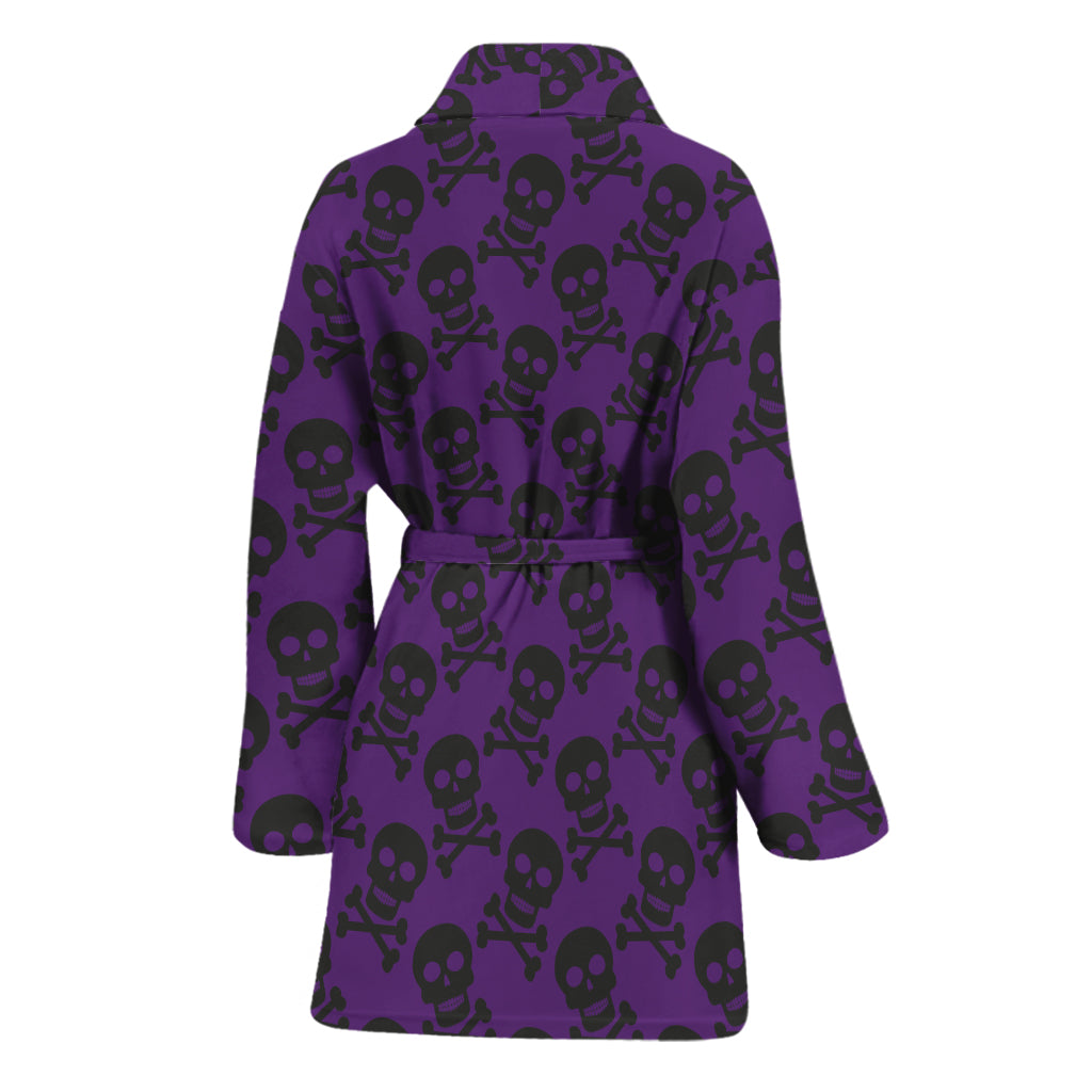 Purple And Black Halloween Skull Print Women's Bathrobe