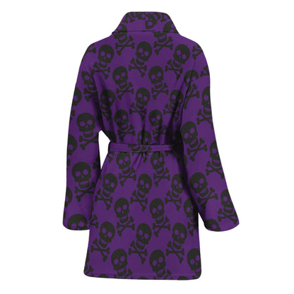 Purple And Black Halloween Skull Print Women's Bathrobe
