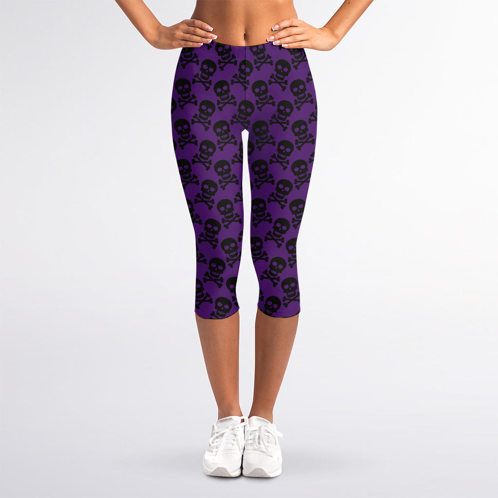 Purple And Black Halloween Skull Print Women's Capri Leggings