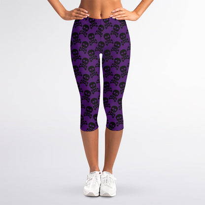 Purple And Black Halloween Skull Print Women's Capri Leggings