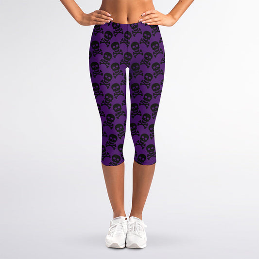 Purple And Black Halloween Skull Print Women's Capri Leggings