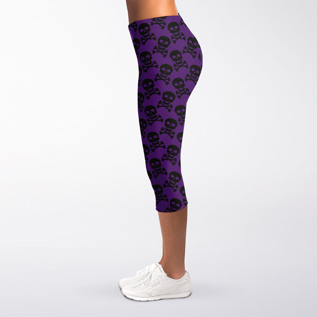 Purple And Black Halloween Skull Print Women's Capri Leggings