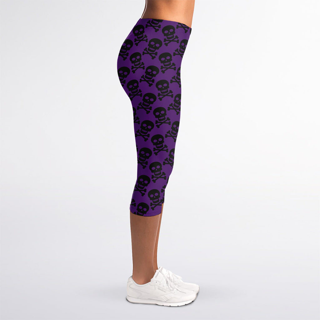 Purple And Black Halloween Skull Print Women's Capri Leggings