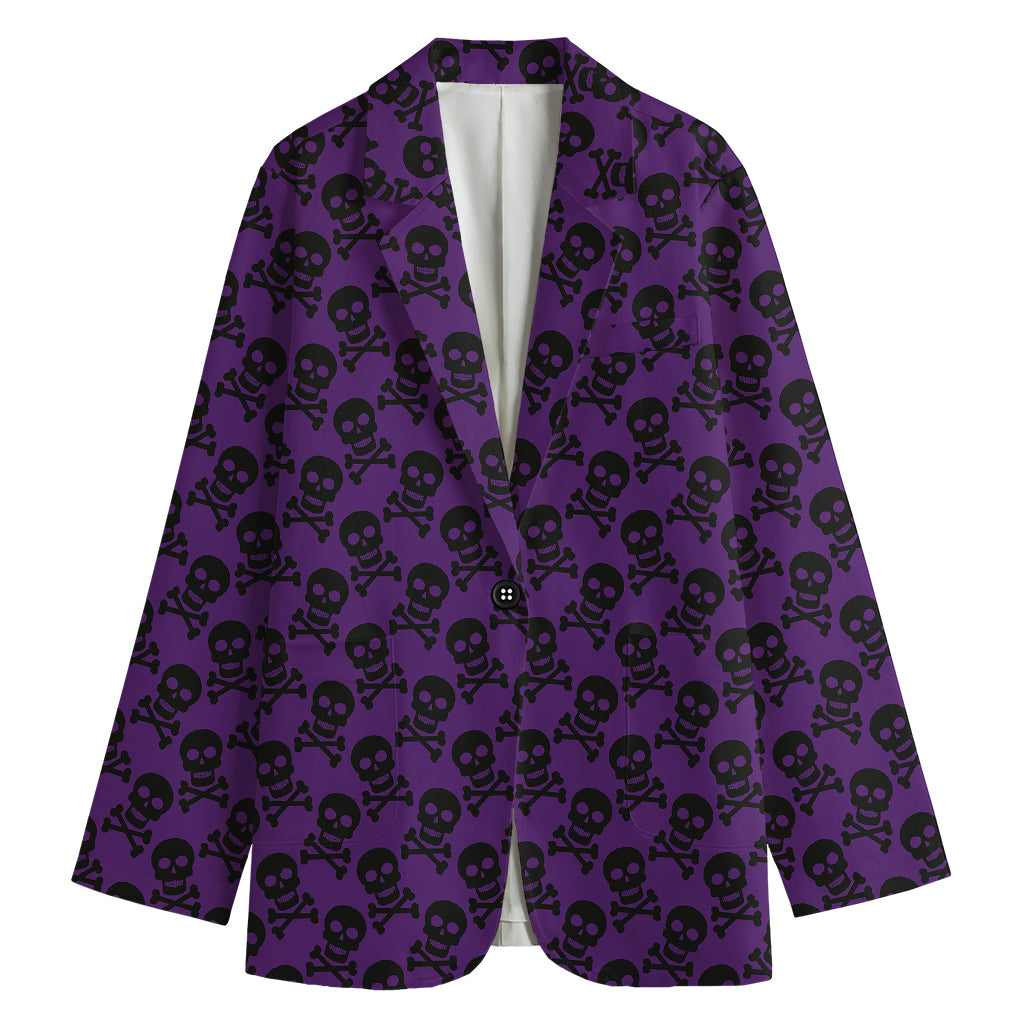 Purple And Black Halloween Skull Print Women's Cotton Blazer