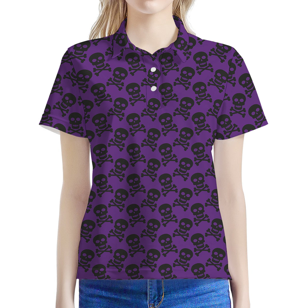 Purple And Black Halloween Skull Print Women's Polo Shirt
