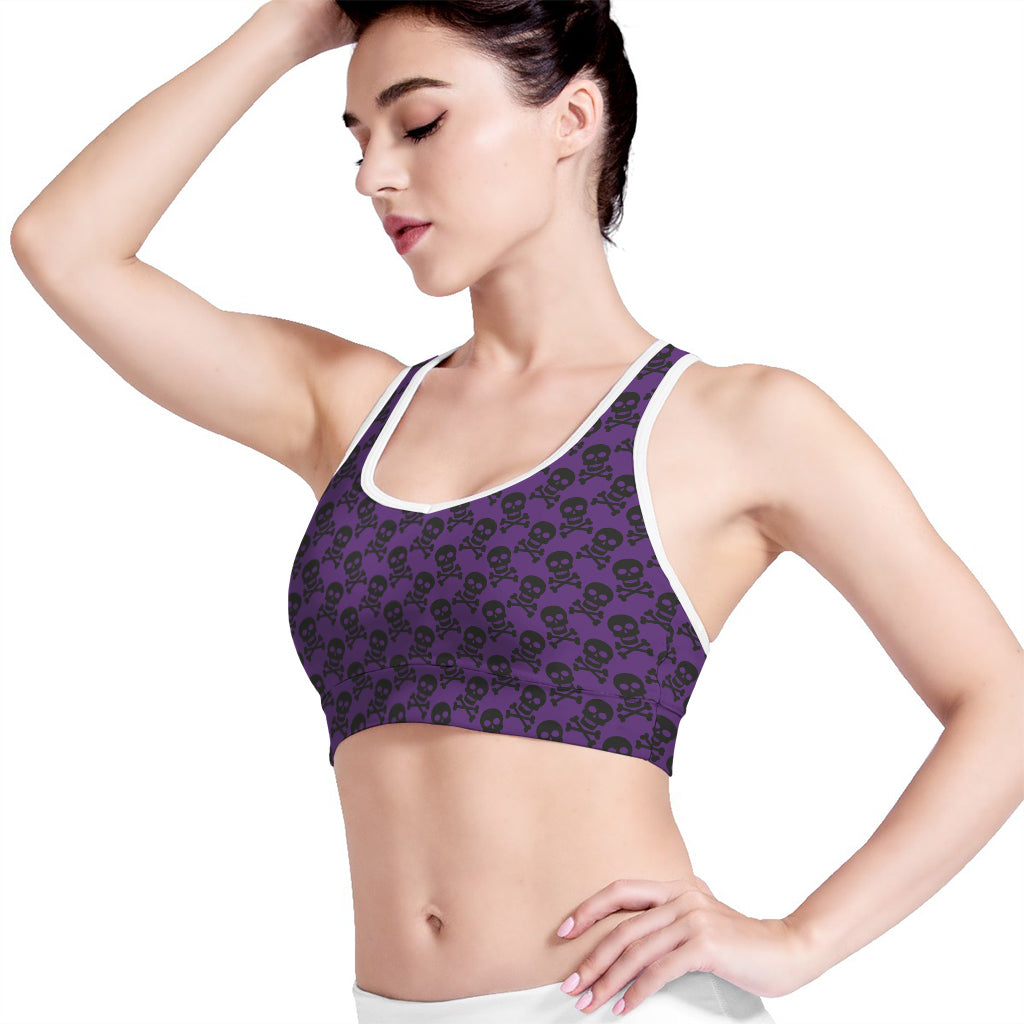 Purple And Black Halloween Skull Print Women's Sports Bra