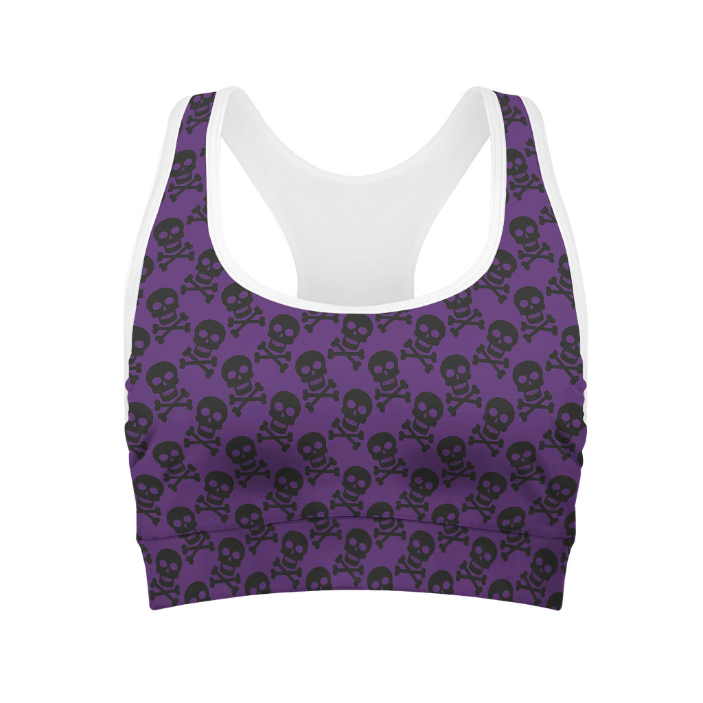 Purple And Black Halloween Skull Print Women's Sports Bra