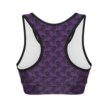 Purple And Black Halloween Skull Print Women's Sports Bra