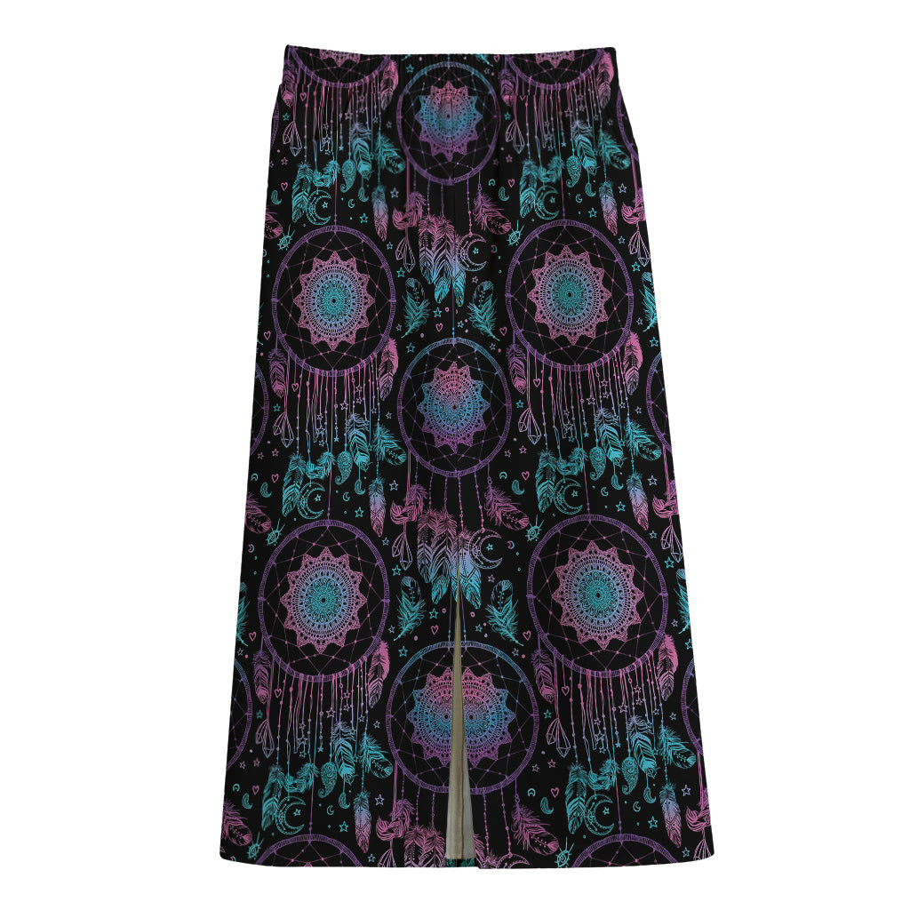 Purple And Blue Dream Catcher Print Cotton Front Slit Maxi Skirt