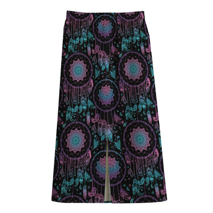 Purple And Blue Dream Catcher Print Cotton Front Slit Maxi Skirt