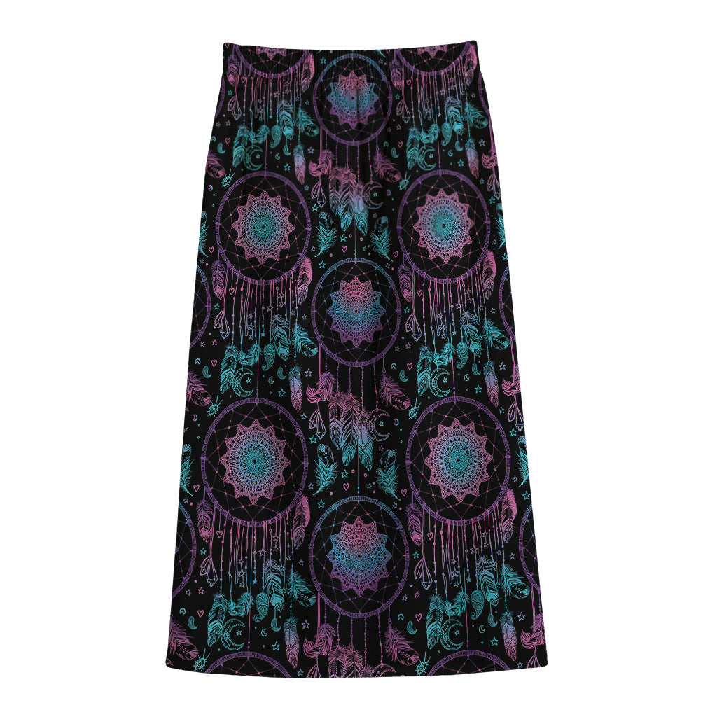 Purple And Blue Dream Catcher Print Cotton Front Slit Maxi Skirt