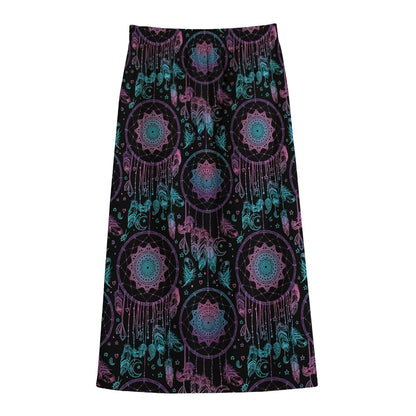 Purple And Blue Dream Catcher Print Cotton Front Slit Maxi Skirt