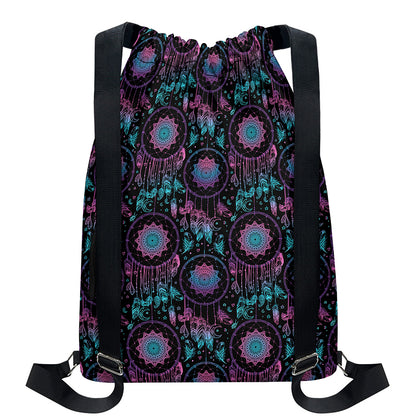 Purple And Blue Dream Catcher Print Drawstring Backpack