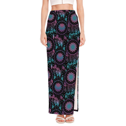 Purple And Blue Dream Catcher Print High Slit Maxi Skirt