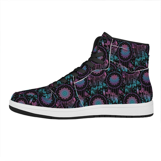 Purple And Blue Dream Catcher Print High Top Leather Sneakers
