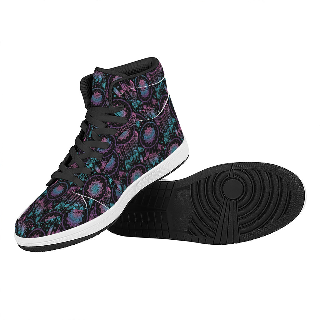 Purple And Blue Dream Catcher Print High Top Leather Sneakers