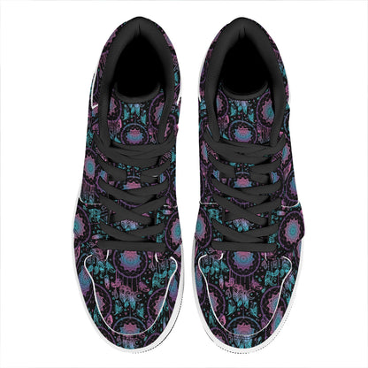 Purple And Blue Dream Catcher Print High Top Leather Sneakers