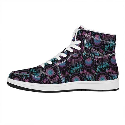 Purple And Blue Dream Catcher Print High Top Leather Sneakers