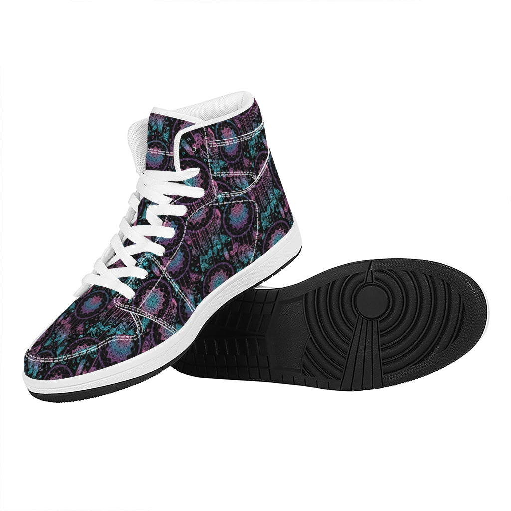Purple And Blue Dream Catcher Print High Top Leather Sneakers