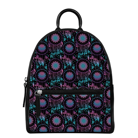 Purple And Blue Dream Catcher Print Leather Backpack