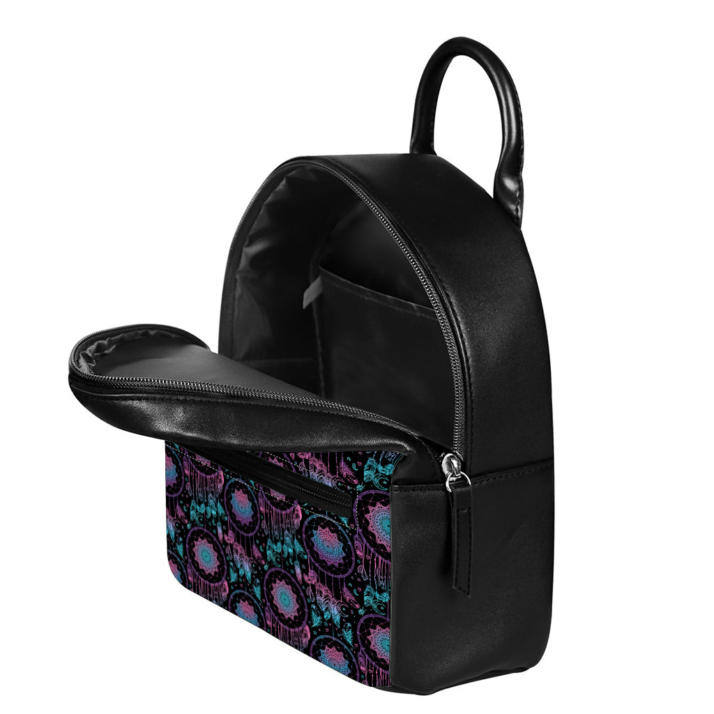 Purple And Blue Dream Catcher Print Leather Backpack