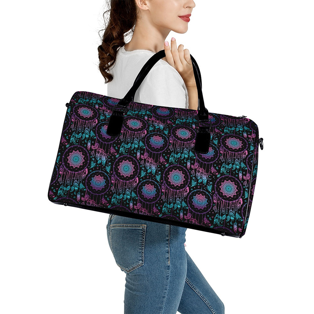 Purple And Blue Dream Catcher Print Leather Duffle Bag
