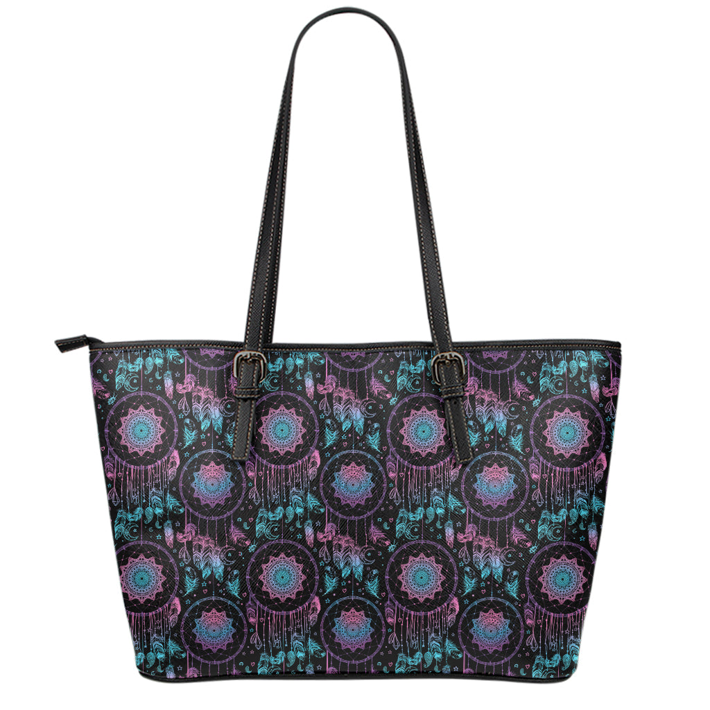 Purple And Blue Dream Catcher Print Leather Tote Bag