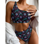 Purple And Blue Dream Catcher Print One Shoulder Bikini Top