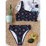 Purple And Blue Dream Catcher Print One Shoulder Bikini Top