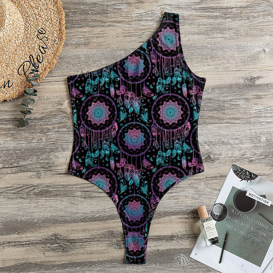 Purple And Blue Dream Catcher Print One Shoulder Bodysuit