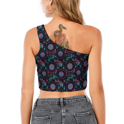 Purple And Blue Dream Catcher Print One Shoulder Crop Top